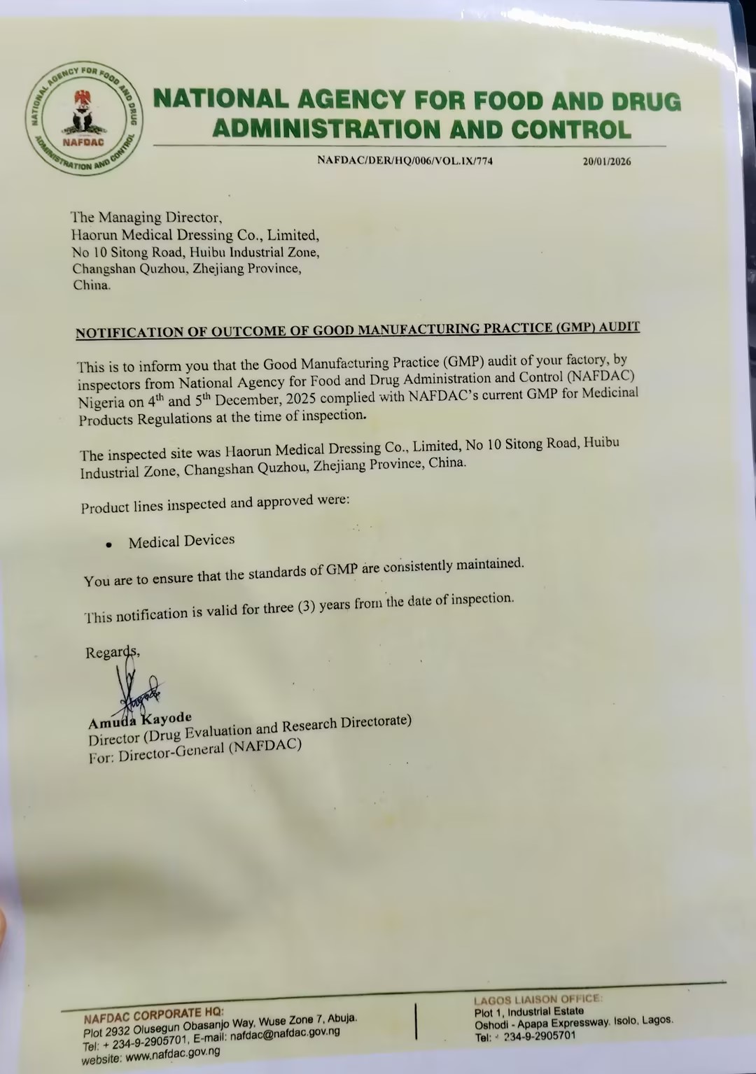 Haorun Medical Products oficiálne dostávajú registračnú certifikáciu NAFDAC v Nigérii